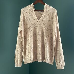 Marled Clothing Beige Open Knit Chevron Hoodie Sweater XL